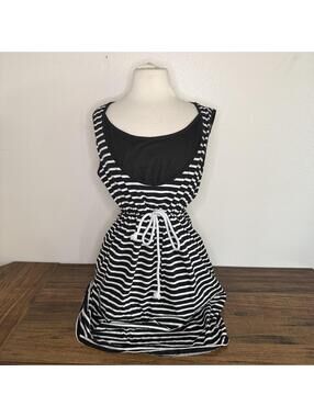 BHome Black and White Striped Sleeveless Dress with Drawstring Waist XL